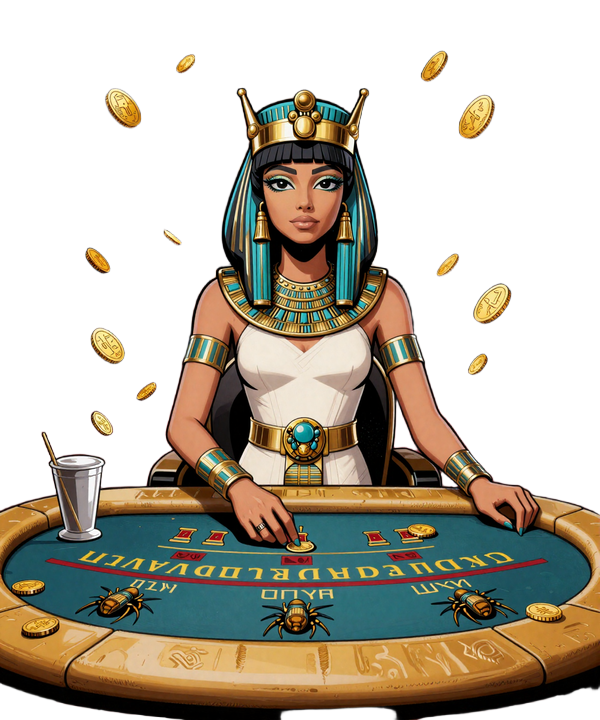 Cleopatra im Comic-Hieroglyphen-Stil am goldenen Live-Casino-Tisch mit HD-Bildschirmen im Hintergrund beim Cleobetra Live Casino