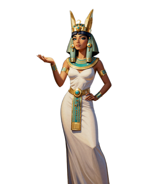 Cleopatra als &auml;gyptische K&ouml;nigin im Comic-Stil h&auml;lt ein leuchtendes goldenes Fragezeichen - FAQ-Maskot des Cleobetra Casino