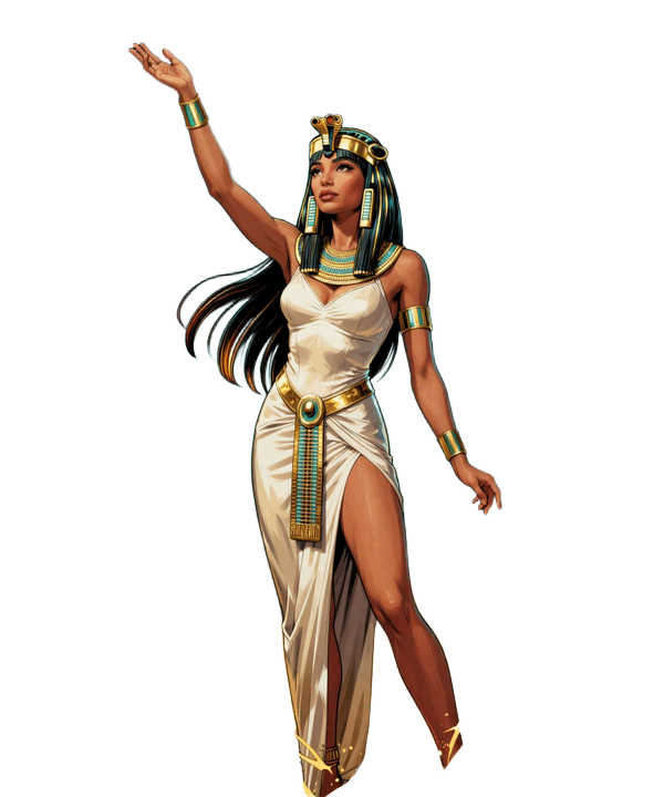 Cleopatra im Comic-Hieroglyphen-Stil wirft lachend Goldm&uuml;nzen in die Luft - Symbol f&uuml;r schnelle Zahlungen im Cleobetra Casino