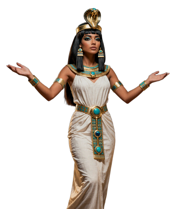 Cleopatra als K&ouml;nigin im Comic-Hieroglyphen-Stil mit goldenem Ureu, umgeben von schwebenden Hieroglyphen und Slot-Symbolen beim Cleobetra Casino