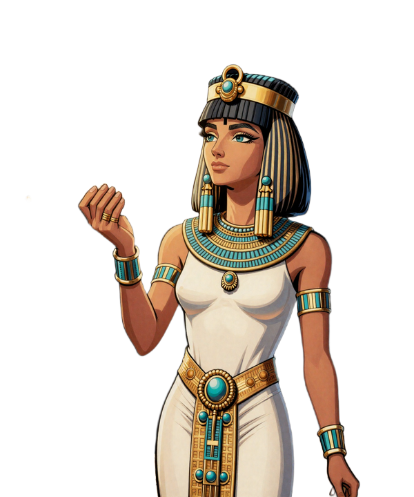Cleopatra als K&ouml;nigin im Comic-Hieroglyphen-Stil h&auml;lt eine riesige Goldm&uuml;nze mit BEST BONUS Schriftzug beim Cleobetra Casino Bonus