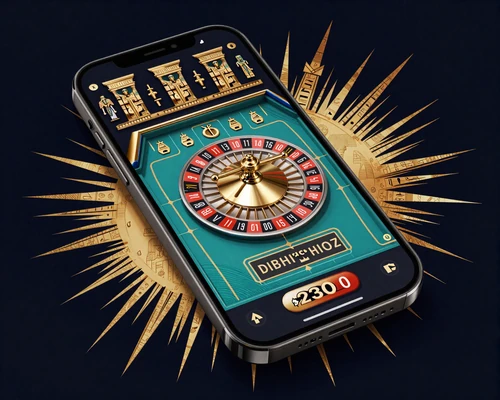 Smartphone mit Live-Roulette-Stream im Cleobetra Casino mit &auml;gyptischen Hieroglyphen-Dekorationen im Hintergrund