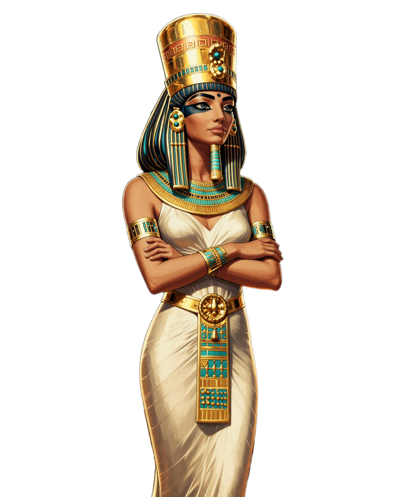 Cleopatra als K&ouml;nigin im Comic-Hieroglyphen-Stil mit goldenem Ureu, umgeben von explodierenden Goldm&uuml;nzen und Skarab&auml;en beim Cleobetra Casino